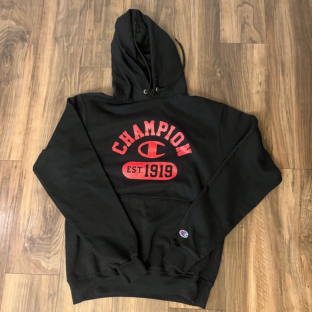 Champion Black Hoodie with Red Accents